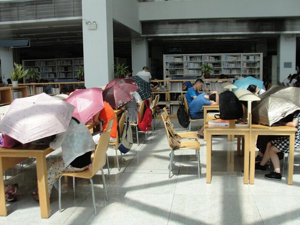 圖書館內(nèi)撐傘讀書的民眾。