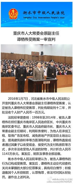 重慶市人大原副主任譚棲偉受賄1143萬獲刑12年