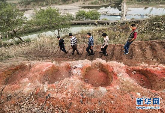 文物工作者走過陡嶺下遺址上一處保存較為完整的焙燒臺（11月17日攝）。