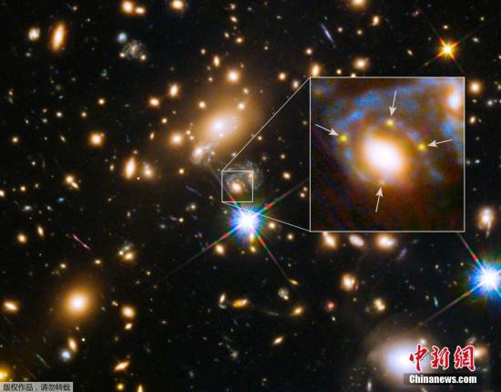 資料圖：2015年3月5日，NASA發(fā)布了哈勃太空望遠鏡拍攝的MACS J1149.6+2223星系團照片。