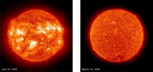 2000年(左)和2009年(右)的太陽紫外線圖像。(圖片來源：NASA)