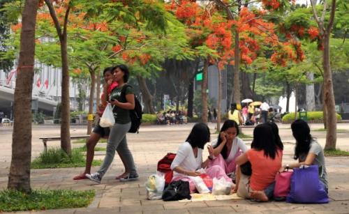 資料圖片：在香港維多利亞公園休息的菲傭。新華社記者 陳曉偉 攝