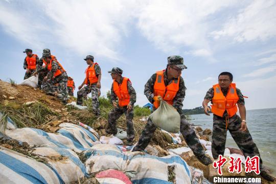 資料圖片，民兵應(yīng)急分隊(duì)冒著酷熱進(jìn)行堤壩加固?！「到ū?攝