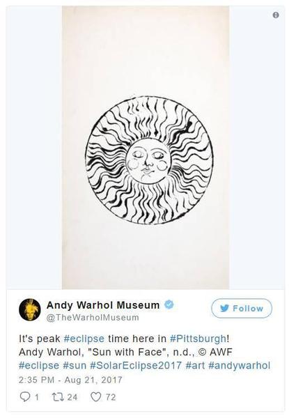 “匹茲堡的日食時(shí)間到了！安迪·沃霍爾，《Sun with Face》，n.d?！?。圖片：Andy Warhol Museum的Instagram