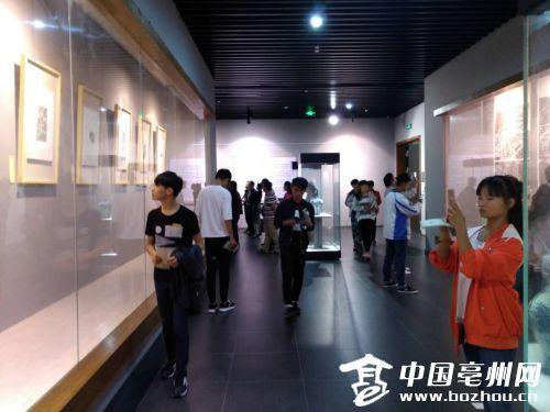 蒙城縣博物館拓片展現(xiàn)場(chǎng)，學(xué)生正在參觀。