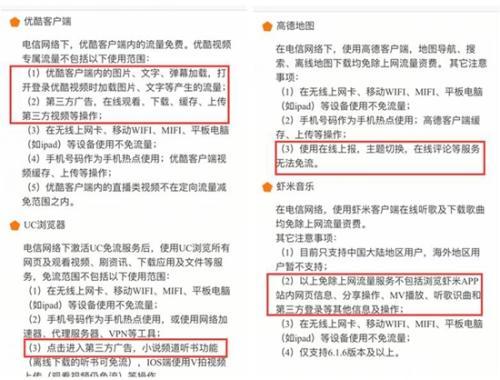 某定向流量卡說是不限流量，但設(shè)定了種種要求，用戶難以做到不使用套餐外流量。APP截圖