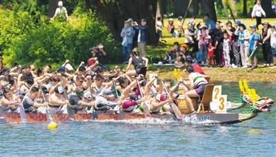 中國(guó)僑網(wǎng)6月16日，加拿大舉行第30屆多倫多國(guó)際龍舟節(jié)，這項(xiàng)為期兩天的傳統(tǒng)活動(dòng)吸引了來(lái)自世界各地的逾5000人參加。圖為參賽者在龍舟賽中。(新華社/鄒崢 攝)