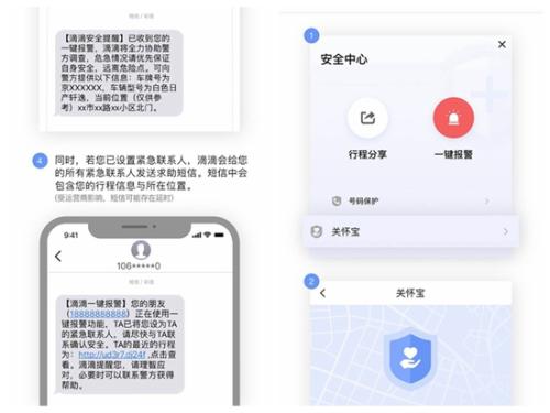 滴滴出行APP“一鍵報警”及相關短信展示。截圖