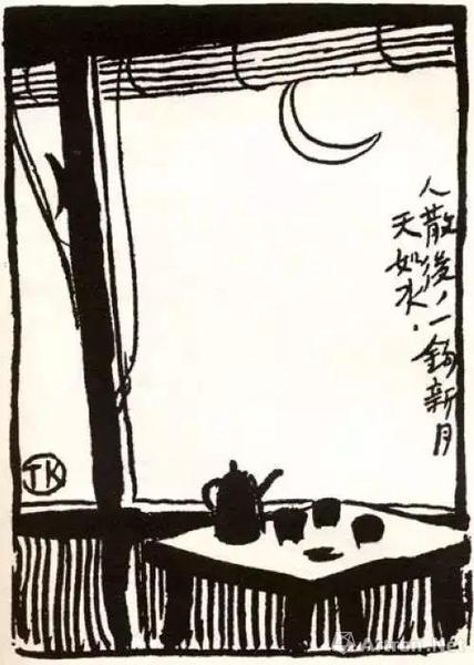 豐子愷第一幅公開(kāi)發(fā)表的漫畫(huà)作品 《人散后，一鉤新月天如水》