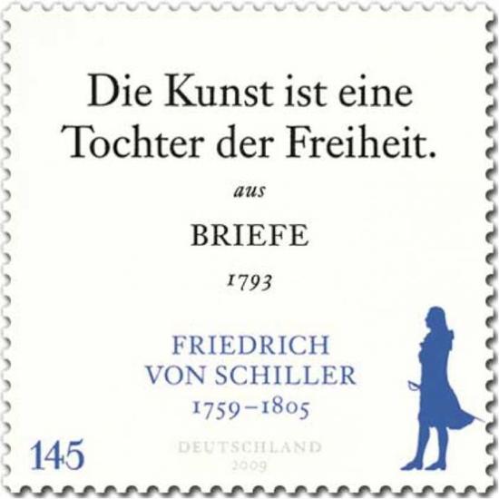 圖片：德國2009年郵票，席勒：“藝術(shù)是自由的女兒?！背鲎?793年席勒書簡。
