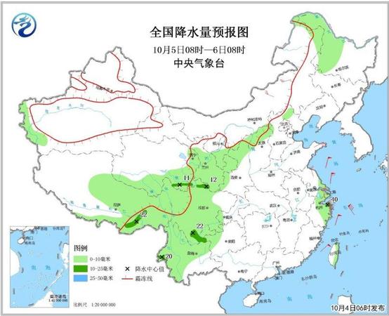 圖3 全國降水量預報圖（10月5日08時-6日08時）