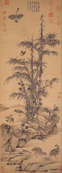 王淵，《竹雀圖》軸，元，紙本水墨，139.3×49.9厘米，日本大阪市立美術(shù)館藏