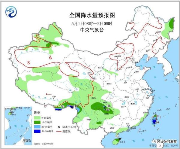 圖4 全國降水量預(yù)報圖(5月1日08時-2日08時)