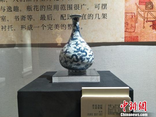 “景德鎮(zhèn)宋元明清花器瓷展”在廣東東莞市袁崇煥紀(jì)念園開(kāi)展。圖為展出的永樂(lè)年間青花龍紋玉壺春瓶 李映民 攝