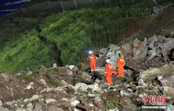 8月15日，四川甘洛，成昆鐵路埃岱站區(qū)間附近發(fā)生的山體垮塌現(xiàn)場(chǎng)，失聯(lián)人員搜救工作緊張進(jìn)行。圖為垮塌的泥石堆邊上，長(zhǎng)滿植被的山體有一條裂縫。中新社記者 劉忠俊 攝