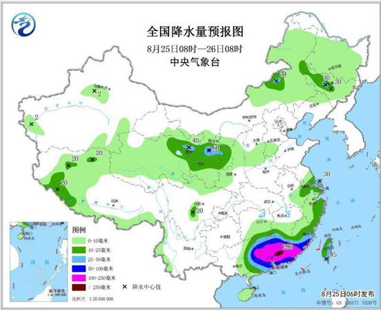 圖3 全國降水量預(yù)報(bào)圖(8月25日08時(shí)-26日08時(shí))