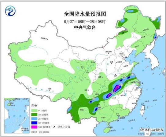 圖5 全國降水量預(yù)報(bào)圖(8月27日08時(shí)-28日08時(shí))